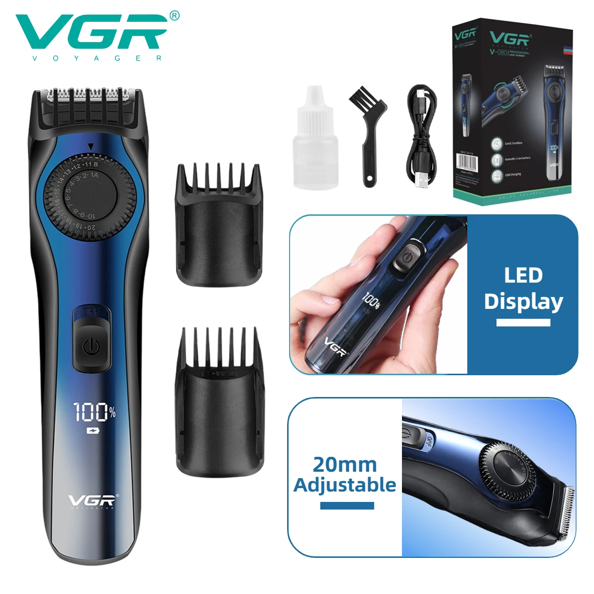 

VGR Hair Trimmer Professional Hair Clipper Cordless Hair Cutting Machine Electric LED Display Electric Trimmer for Men V-080