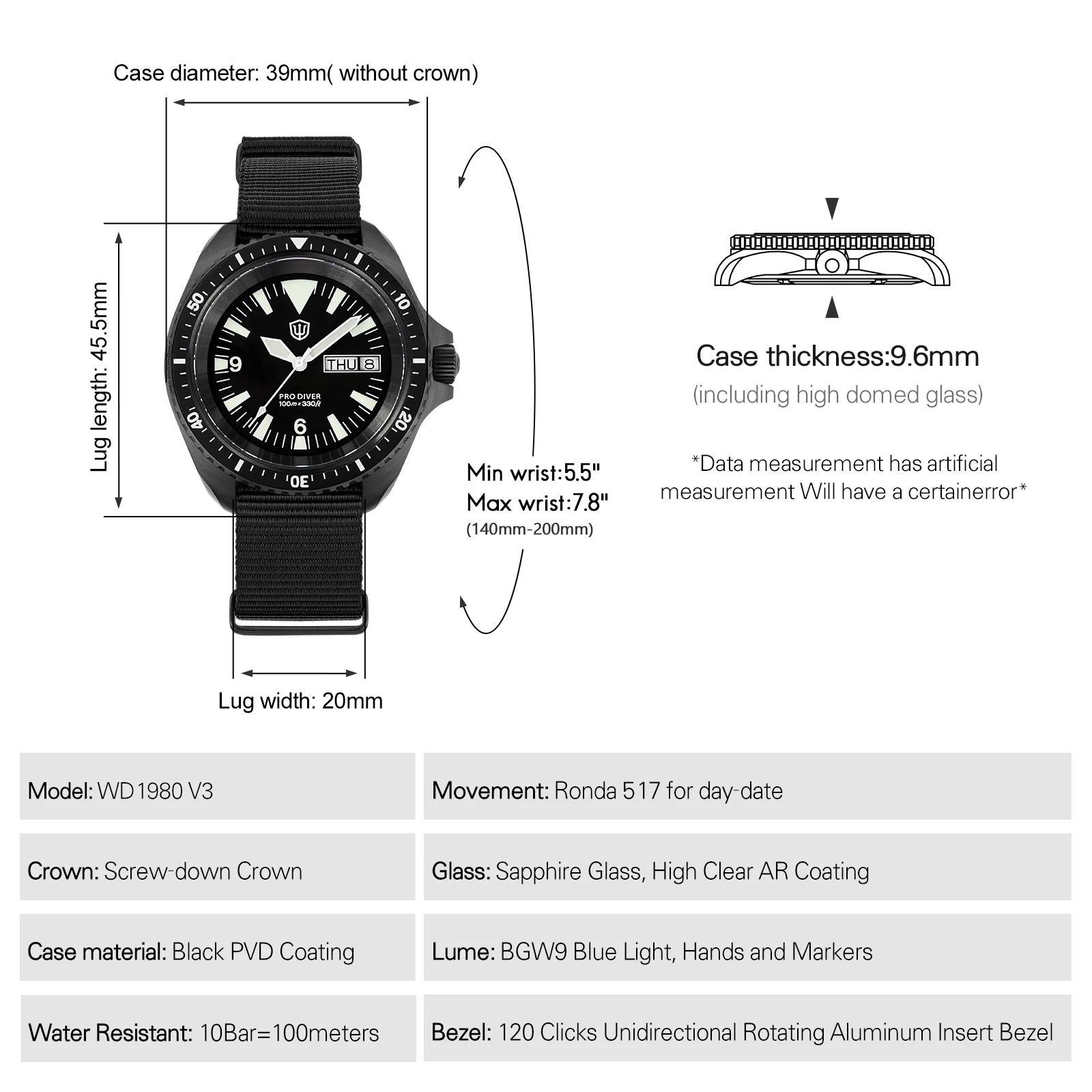 Фото Watchdives WD1980 V3 Роскошные часы VH31 Sweep Seconds Кварцевый механизм AR Покрытие Сапфировое стекло 10 бар Водонепроницаемые мужские часы №5