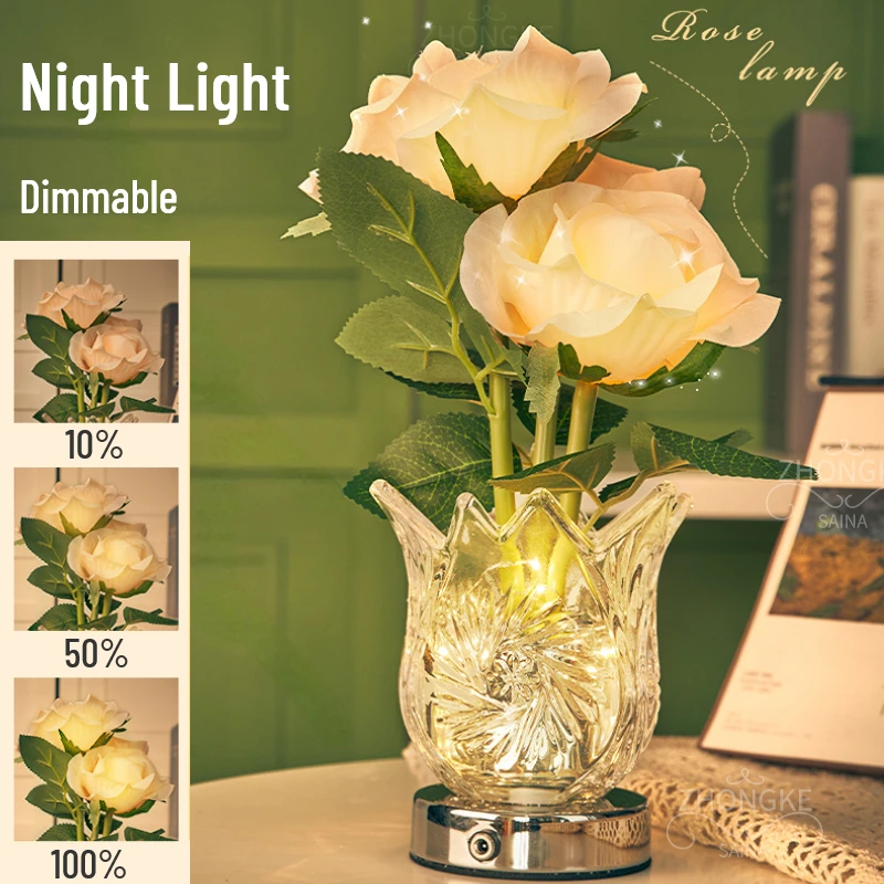 

Rose Crystal Flowerpot Lamp Rechargeable Cordless Night Light Led Artificial Flower Table Lamp Birthday Party Mother's Day Gift
