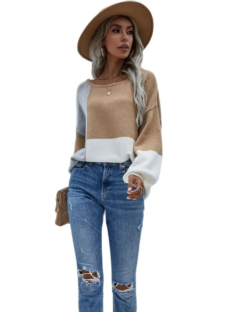 

Lace up Knitted Splice Sweater for Women 2023 Autumn and Winter European and American Round Neck Pullover Back Women's Wear