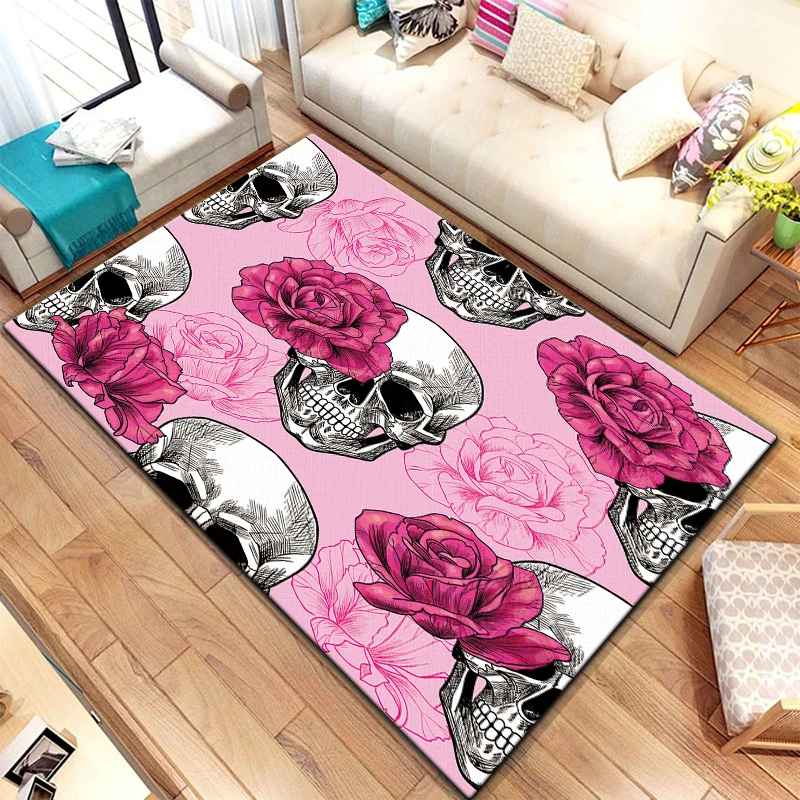 Vintage Ornamental Skulls Rose Pattern Carpet for Living Room Rugs Camping Stranger Things Picnic Mat Anti-Slip E-sports Rug