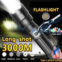 100w white led super power flashlight 3000 meter use 26650 battery type c rechargeable tactical military search flashlight