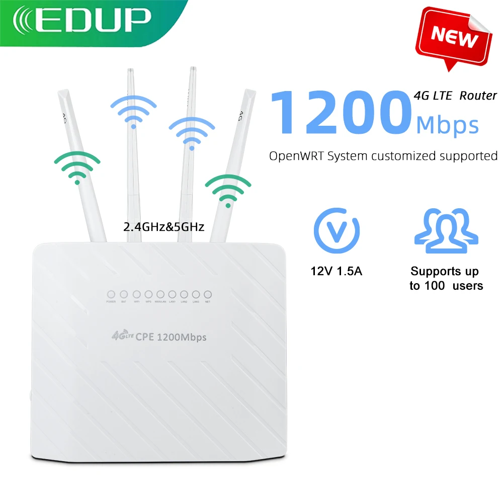 Wi-Fi  EDUP 4G CPE WiFi Router 1200 / 4G Router OpenWRT SIM-   Router CAT4   2, 4   5  100   