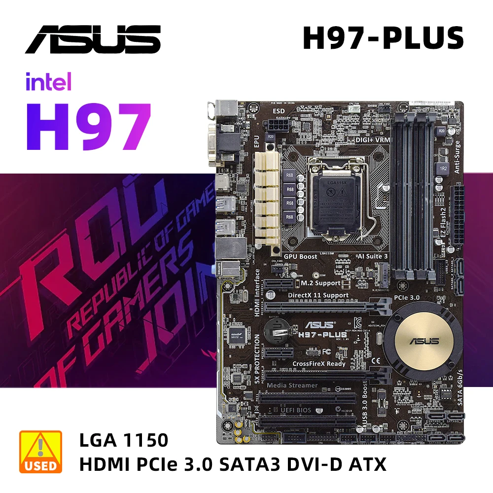 H97-PLUS INTEL H97 LGA 1150 CORE I7/I5/I3/PENTIUM/CELERON 4 × DDR3 DIMM 32GB PCI-E 3,0 SATA3 M.2 VGA DVI HDMI ATX