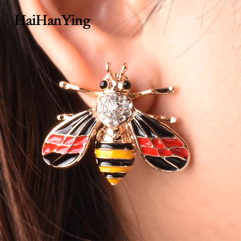 Новые женские серьги-гвоздики золотистого цвета с кристаллами пчелы модные