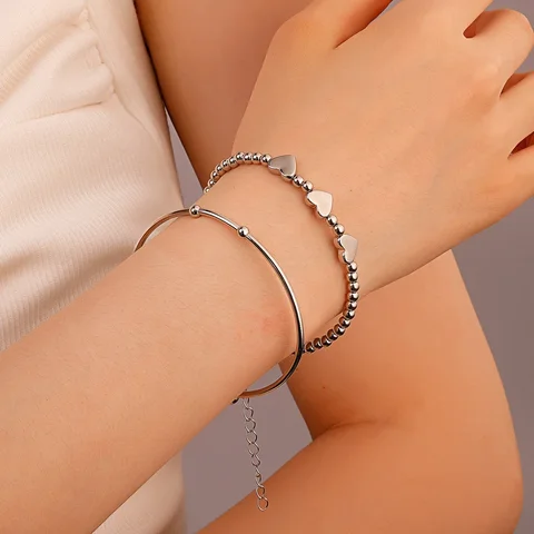 Уникальный простой женский браслет в форме сердца, комплект из 2 предметов, металлический элегантный двухслойный браслет холодного ветра, ручная работа, модный уличный стиль