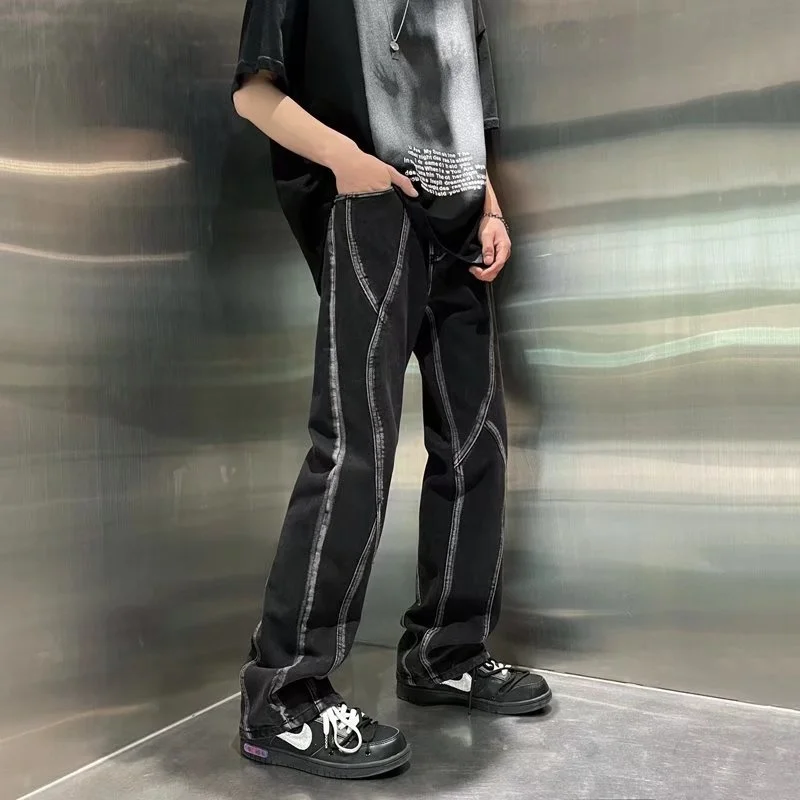 Baggy Black Jeans Men Fashion Retro Tie Dye Jeans Mens Japanese Streetwear Loose Hip Hop Straight Denim Pants Mens Trousers