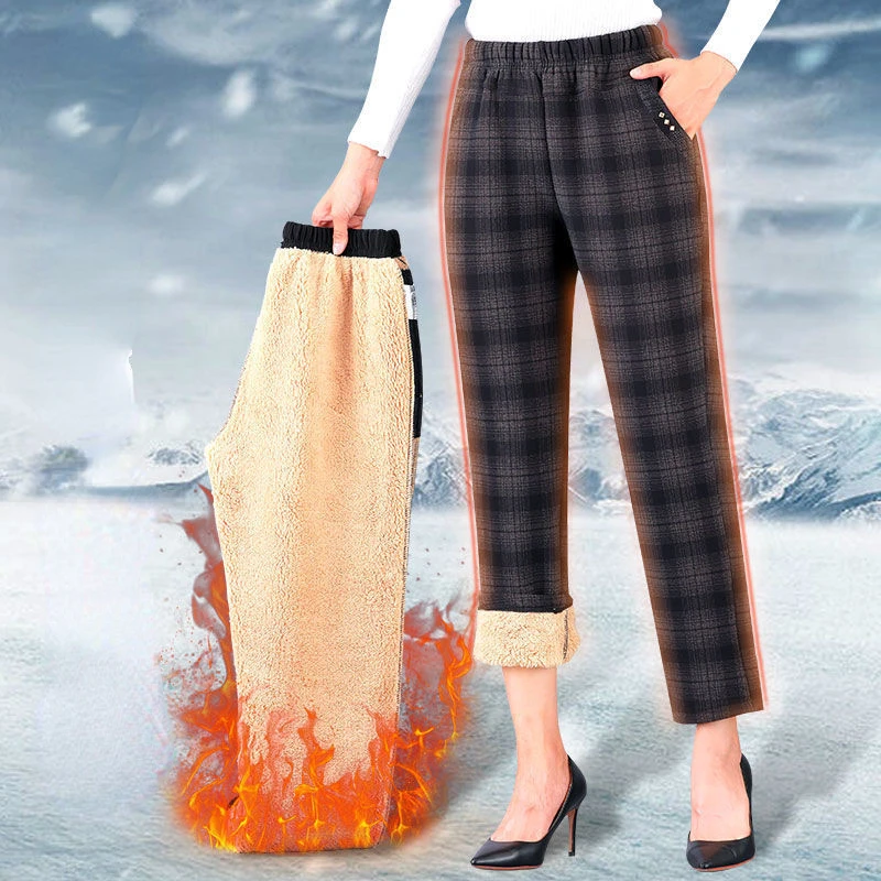 

2022 Spring Winter Women Plaid Pants Warm Sweat Plus Velvet Pants Slim High Waist Stretch Pencil Pants Female Trousers X193