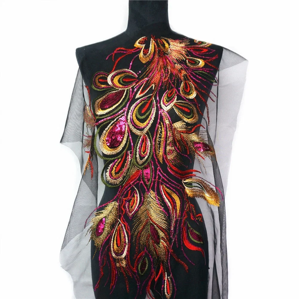 Красно-синие блестки вышитые Феникс перо павлина черное Сетчатое свадебное