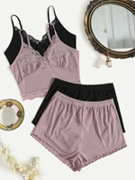 2pcs lace trim cami top 2pcs lettuce hem lounge shorts