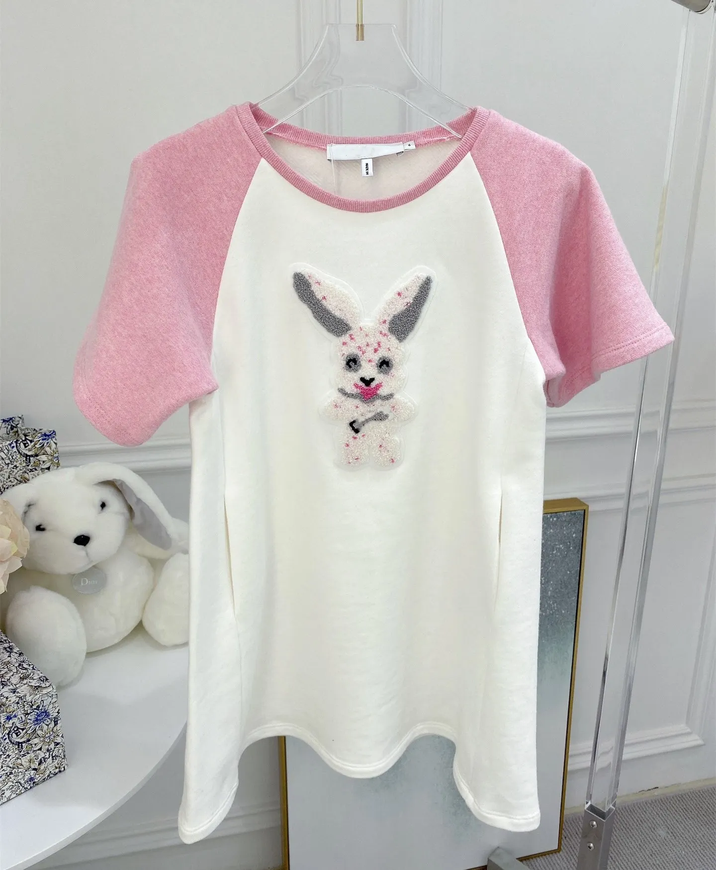 

Pre-sale spring summer kids clothes baby girls dress Cartoon embroidered pink sleeve patchwork short sleeve dress