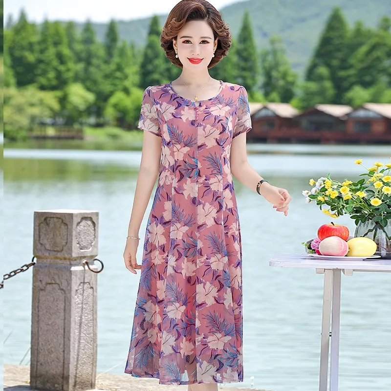 

NEW Middle-aged women's summer dress mother dress long section of middle-aged 40-50 years old short-sleeved summer dress