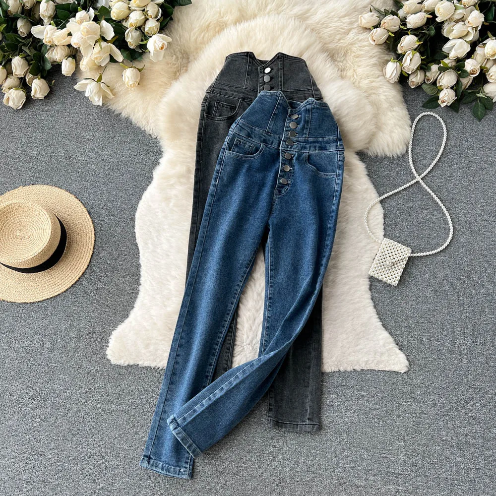 

Autumn New Design Sense Single-breasted High-waisted Slim Slim Pencil Skinny Jeans