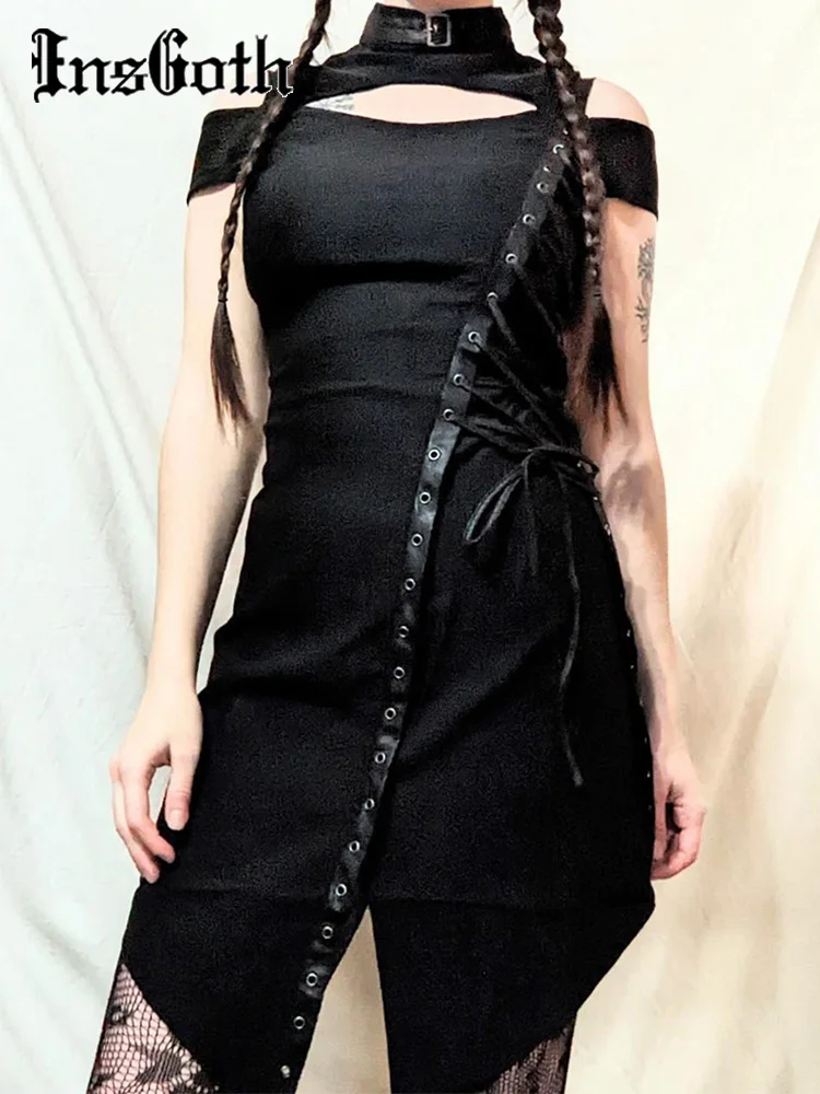 

InsGoth Off Shoulder Harajuku Gothic Dress Women's Retro Sexy High Split Lace-Up Dresses Velvet Black Bandage Bodycon Dress