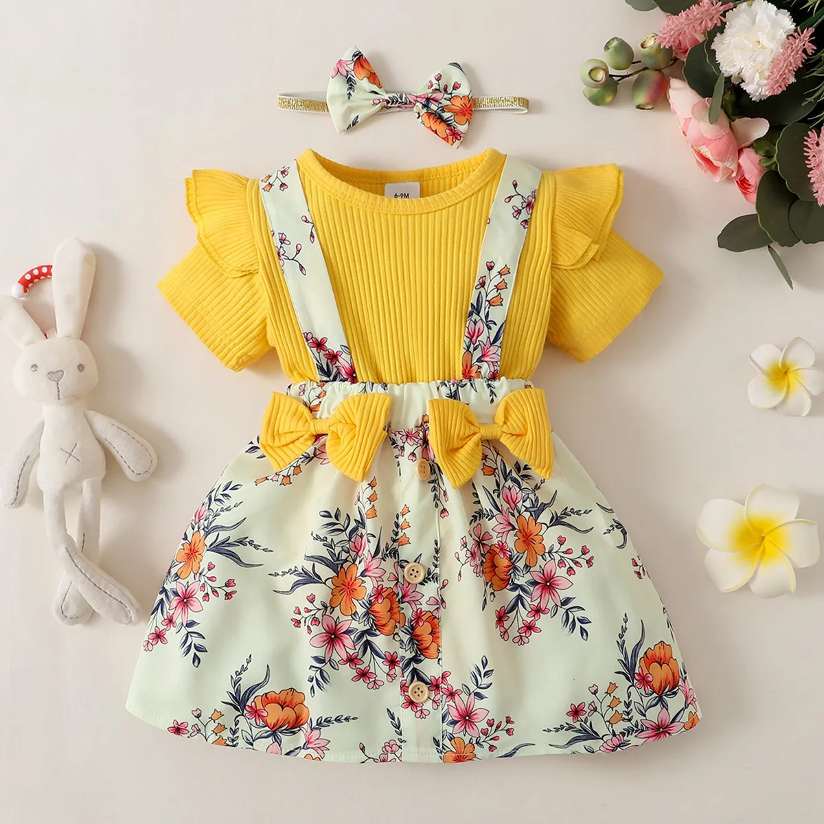 

Hibobi Baby Girl Beautiful Ruffle-sleeve Bodysuit And Floral Print dress