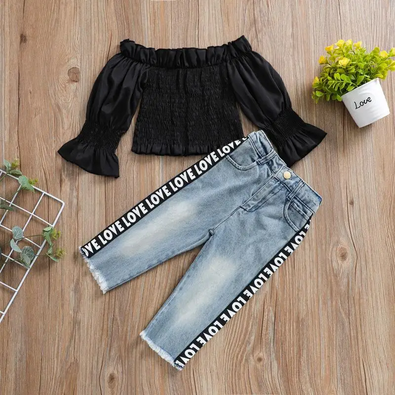 

1-5 Years Old Fashion Children's Clothing Suit Baby Girl Puff Sleeve Round Neck Jacket Pocket Letter Jeans Suit