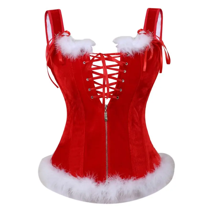 

Women Sexy Straps Zipper Overbust Corset Bustier Lingerie Top White Feathers Burlesque Lace Up Corset Christmas Santa Costume