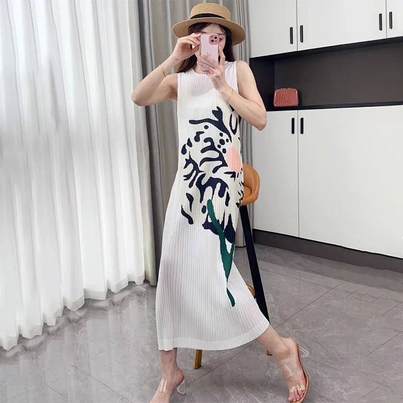 Женское плиссированное платье миаке летнее новое облегающее длинное без рукавов