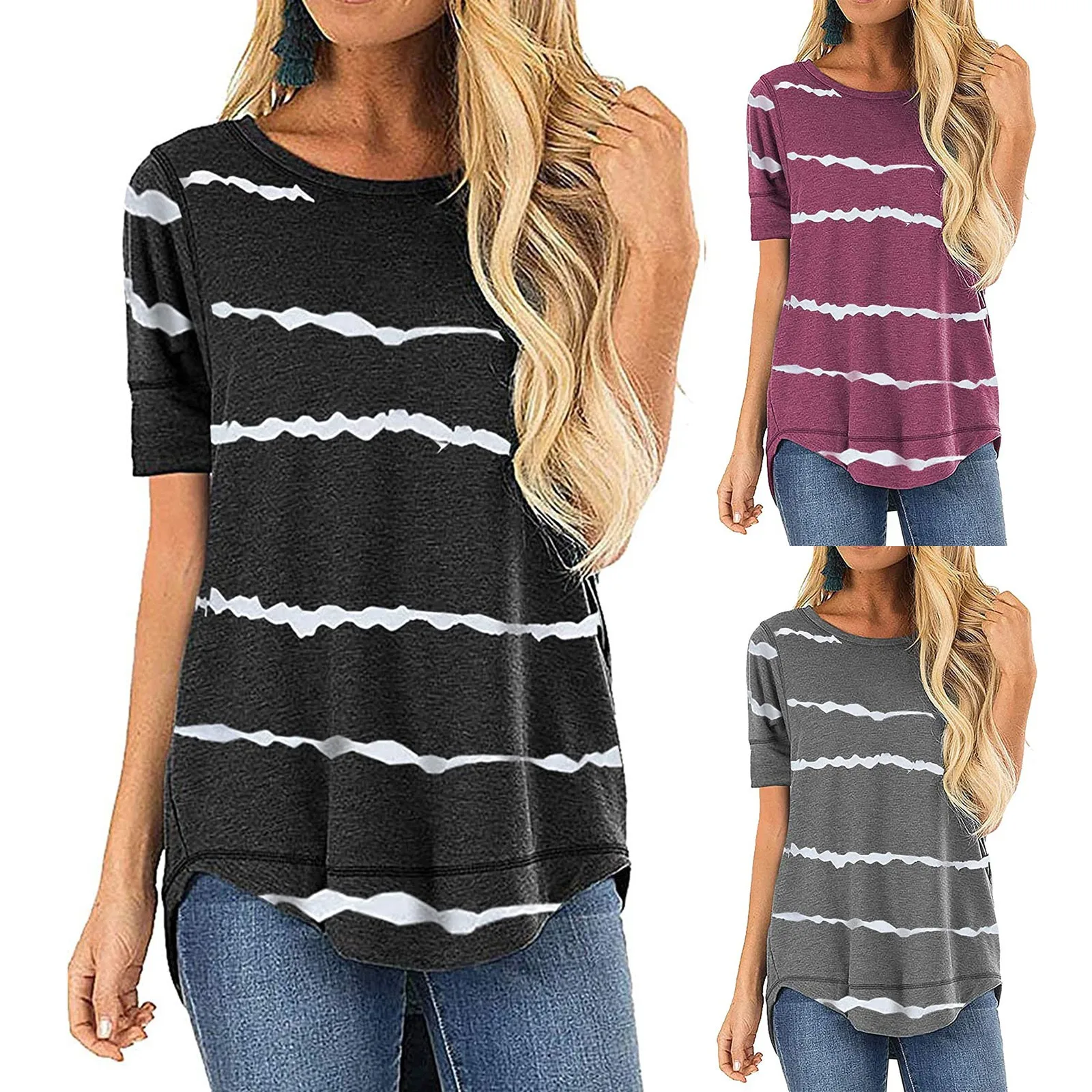 

Summer Women's Round Neck Loose Irregular Striped Short-sleeved Casual T-shirt Fashion All-match Office Commuter Top Female