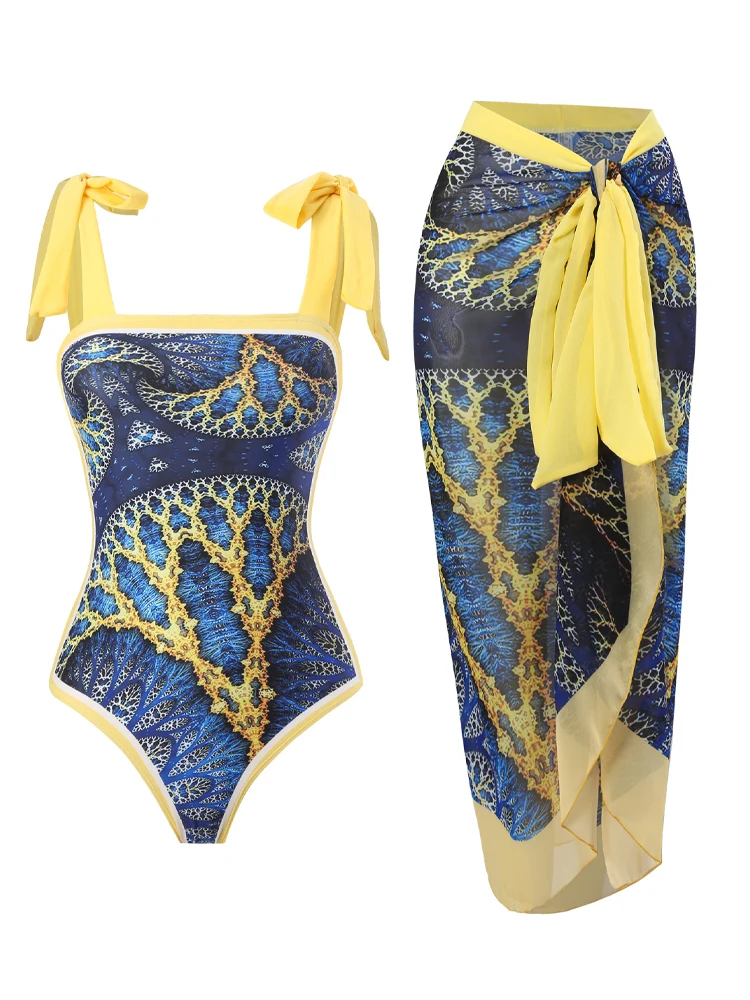 

Fashion Printed Swimwear Chiffon Cover Up Set Sexy High Waist One-piece Swimsuit Women 2023 Brazilian Beach Bikini Two-piece Set