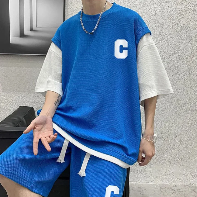 Men Hip Hop Tracksuits Patchwork Short-sleeved Shirt Summer Fake Two Pieces Set Unisex Youth Letter Print Male Sports Suits