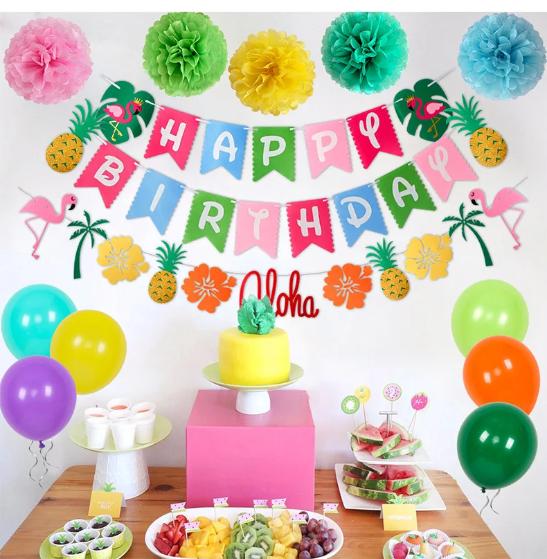 

26pcs Hawaii Balloon pompoms flag set floral Aloha artist Happy birthday palm leaf balloons art tropic wedding home garden decor