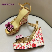 golden slope heel open toe sandals 15cm ultra high heel platform one button hollow printed womens shoes 2022 new summer sexy
