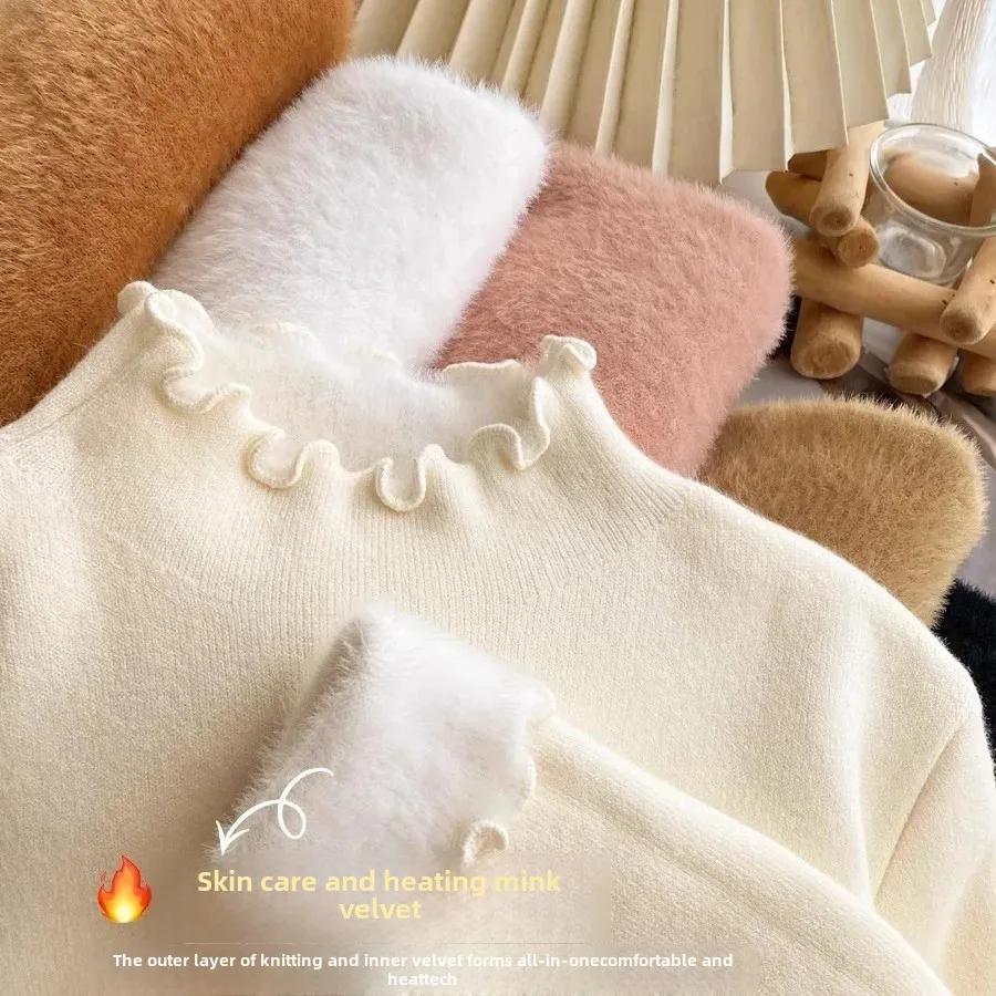 Женский топ на осень/зиму 2023 новый стиль белый вязаный флисовой подкладке с