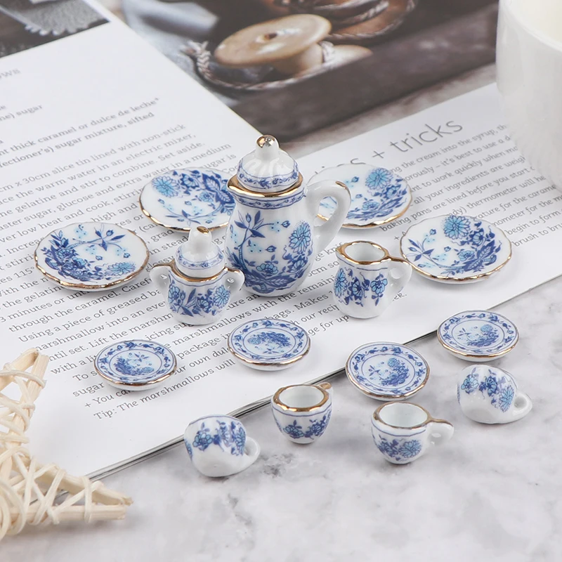 

15Pcs 1:12 Dollhouse Miniature Tableware Porcelain Ceramic Tea Cup Set Blue And White Porcelain Tableware Dollhouse Accessories
