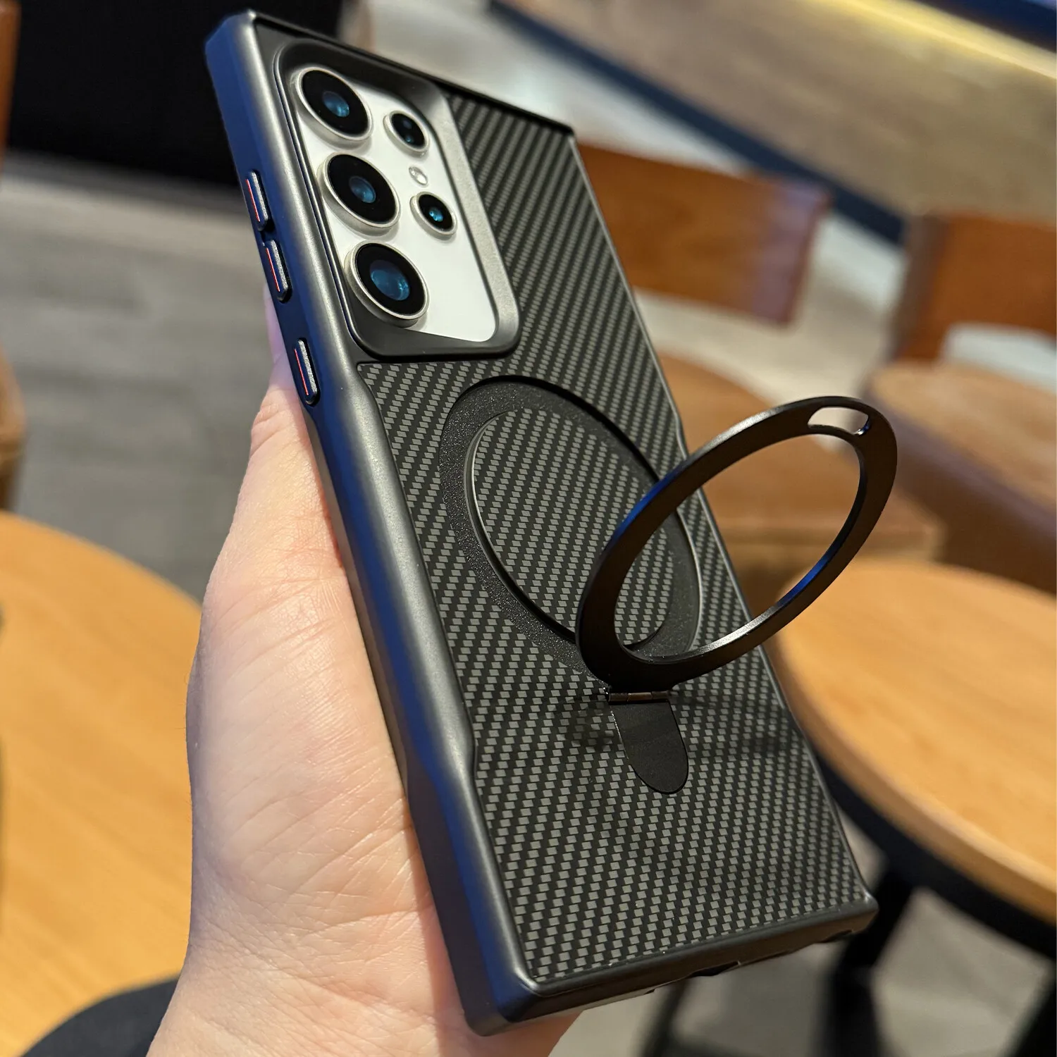 Фото Тонкий чехол для телефона с узором из углеродного волокна и подставкой для Samsung Galaxy S22 S23 S24 Ultra S25 Plus, кольцевой держатель, твердая задняя крышка №2