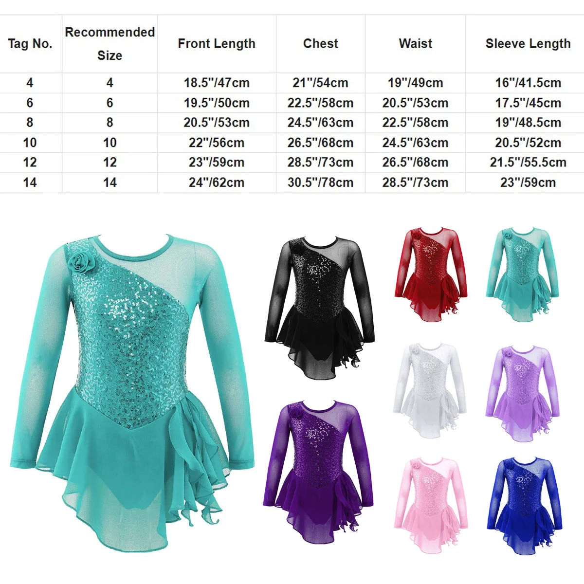 Sequins Girls Ballet Gymnastic Dress Kids Tulle Long Sleeve Dance Leotard Dress Figure Ice Skating Performance Dancewear