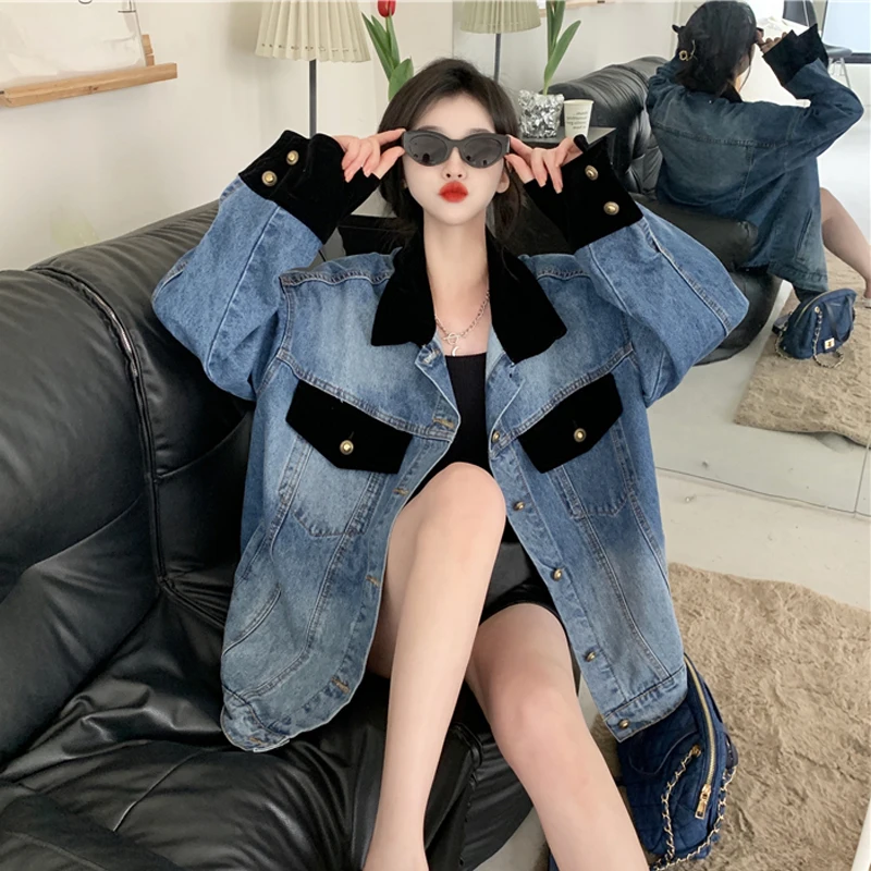 Женская джинсовая куртка большого размера свободное повседневное джинсовое