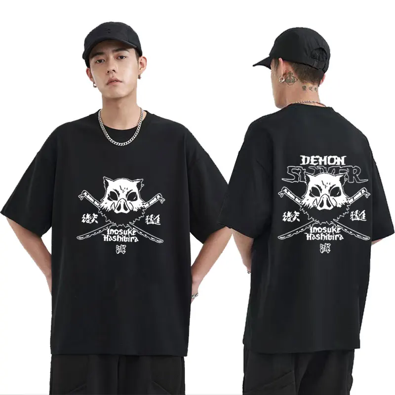 

Japanese Anime Demon Slayer Hashibira Inosuke The Boar Face Double Sided Graphic T-shirt Men's Manga T Shirts Unisex Loose Tees