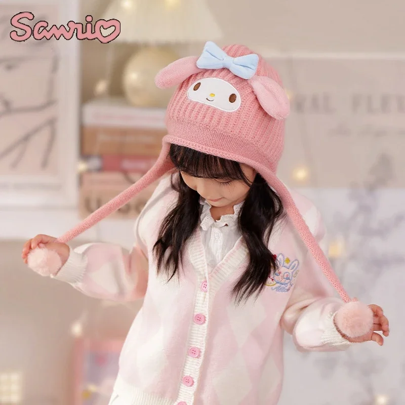 

Sanrios My Melody Anime Kawaii Children Double Ball Embroidery Knitted Hat Cartoon Hat Winter Warm Student Hat Christmas Gifts
