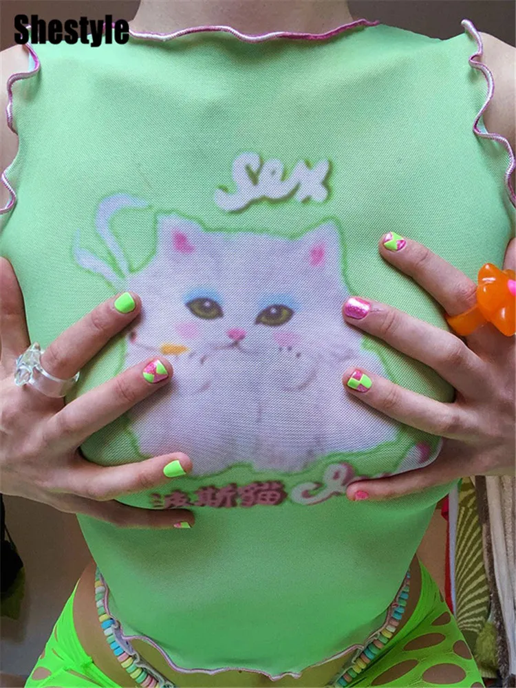 Женская майка с оборками Shestyle, зеленая сетчатая кошачья кофта с круглым вырезом, тугой пуловер, топы без рукавов, укороченные майки, жилет