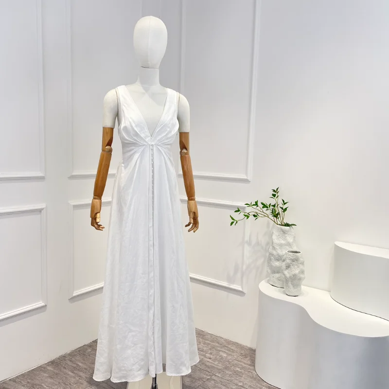 

Женское винтажное платье миди без рукавов, белое платье на пуговицах с глубоким V-образным вырезом и шнуровкой, лето 2023