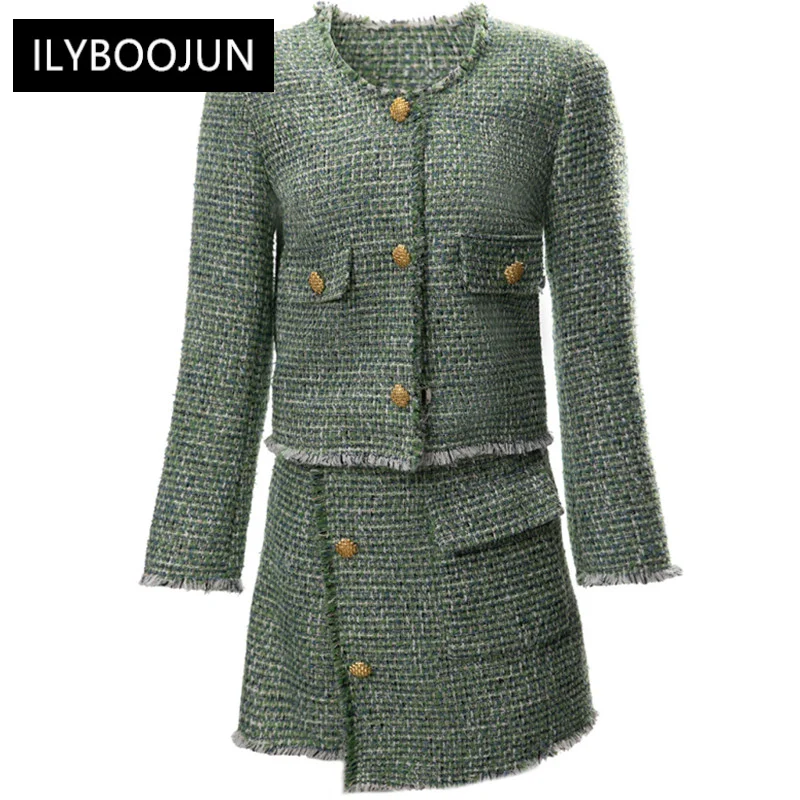 

2022 Elegant High Quality Brand Winter Tweed Shorts Suits Women Long Sleeve Tassels braid Green Coat + Slim Shorts Two Piece Set