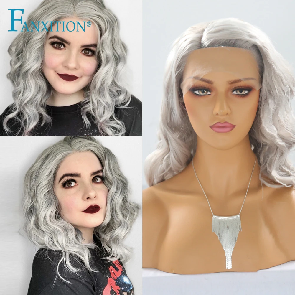 

FANXITION Synthetic Lace Wigs Short Grey Colorful Wigs With Baby Hair Side Part Body Wave Wigs For Black Women Heat Resistant