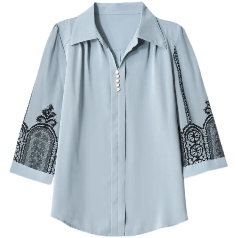 

Poplin Loose Women's Shirts New Fashion Blouses Casual 3/4 Sleeve Top Printing Polo Collar Summer