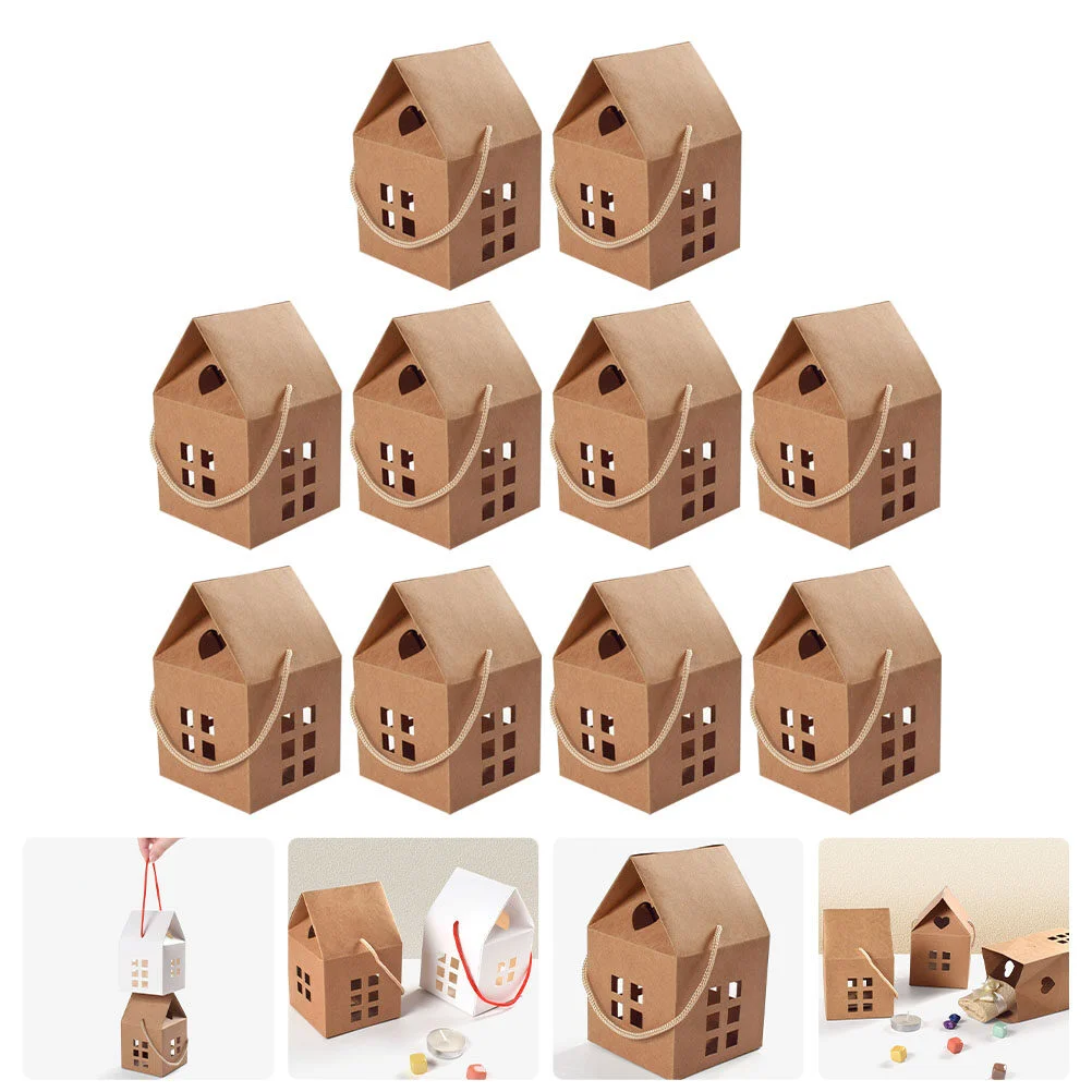 

10 Pcs Portable Box Handle Candy House Shaped Paper Cake Containers Packing Boxes Candles Handheld Present Bag