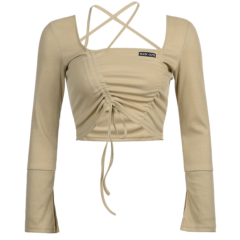 

Summer Women T-Shirt Casual Long Sleeve Top Fashion Letter Label Square Collar Exposed Navel Top Streetwear