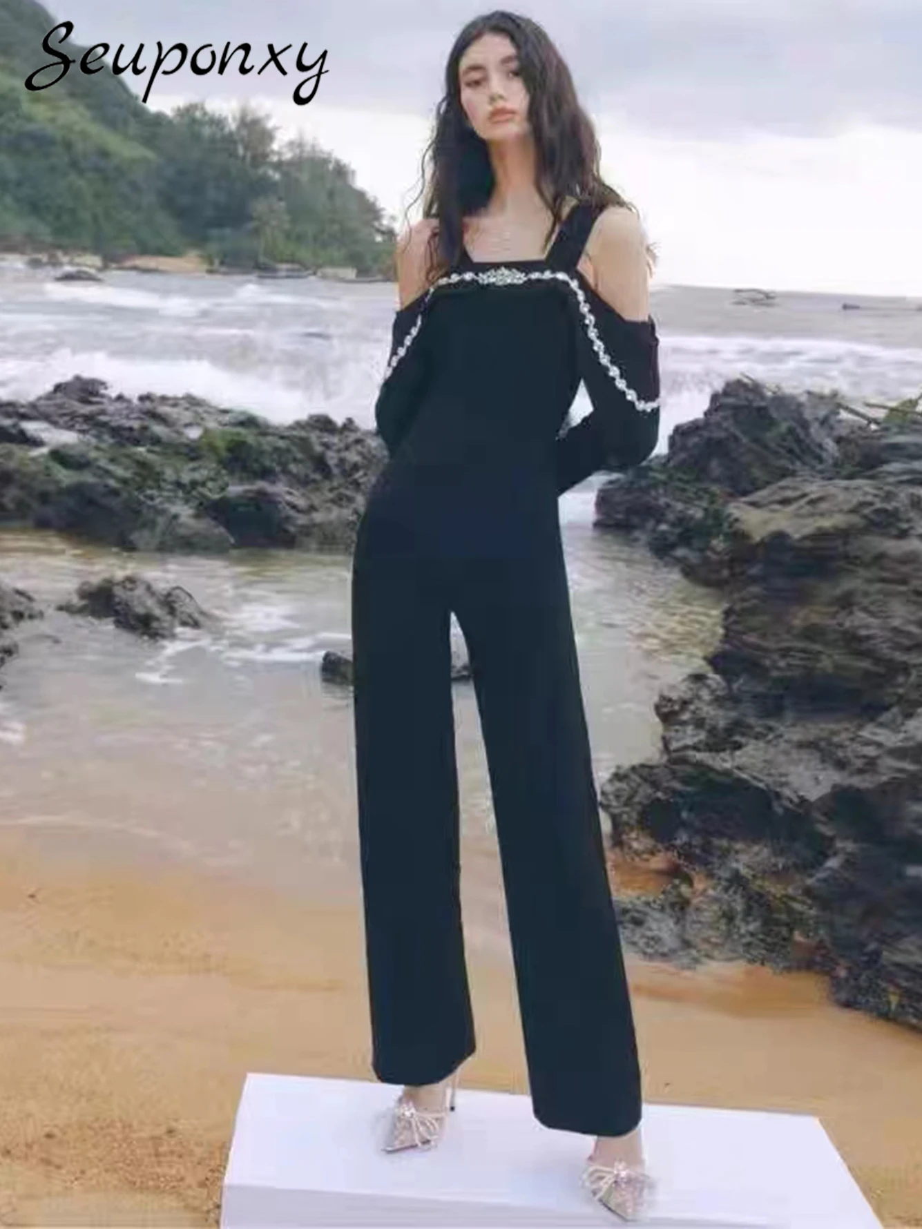 High Quality Autumn Black Luxury Diamonds Sexy Off Shoulder Long Sleeve Jumpsuit 2022 New Women's Party Straight Jumpsuit