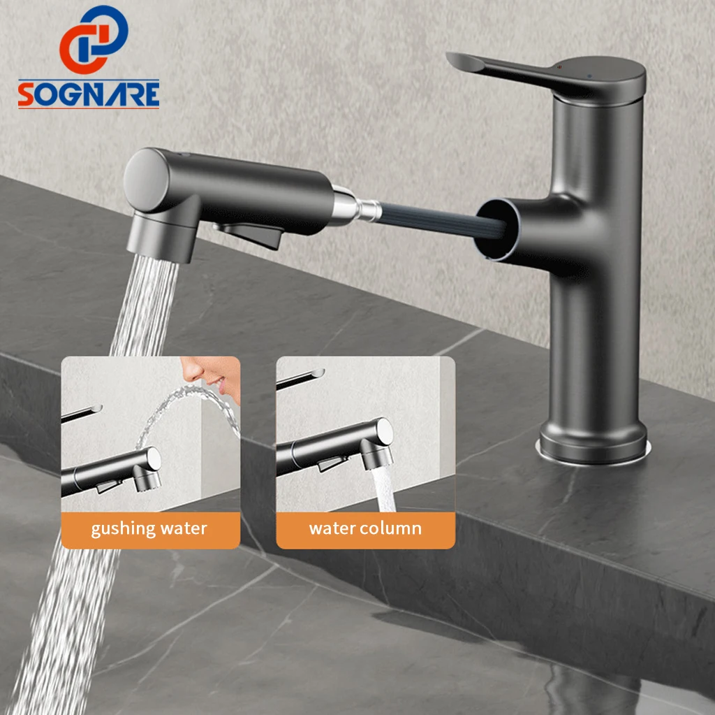 

SOGANRE Black Basin Faucet Pull-out Fauce Gun Gray Bathroom Cabinet Hot and Cold Water 3 Modes Faucet Washbasin Countertop