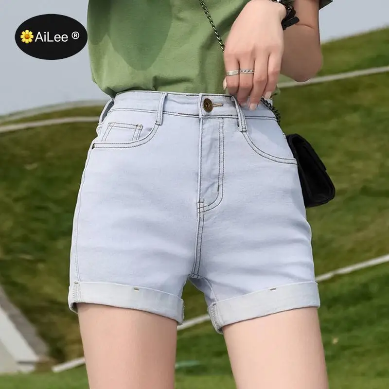 Summer women fashion straight high waist hell rolled up denim shorts female trendy skinny jean casual bottom student shorts