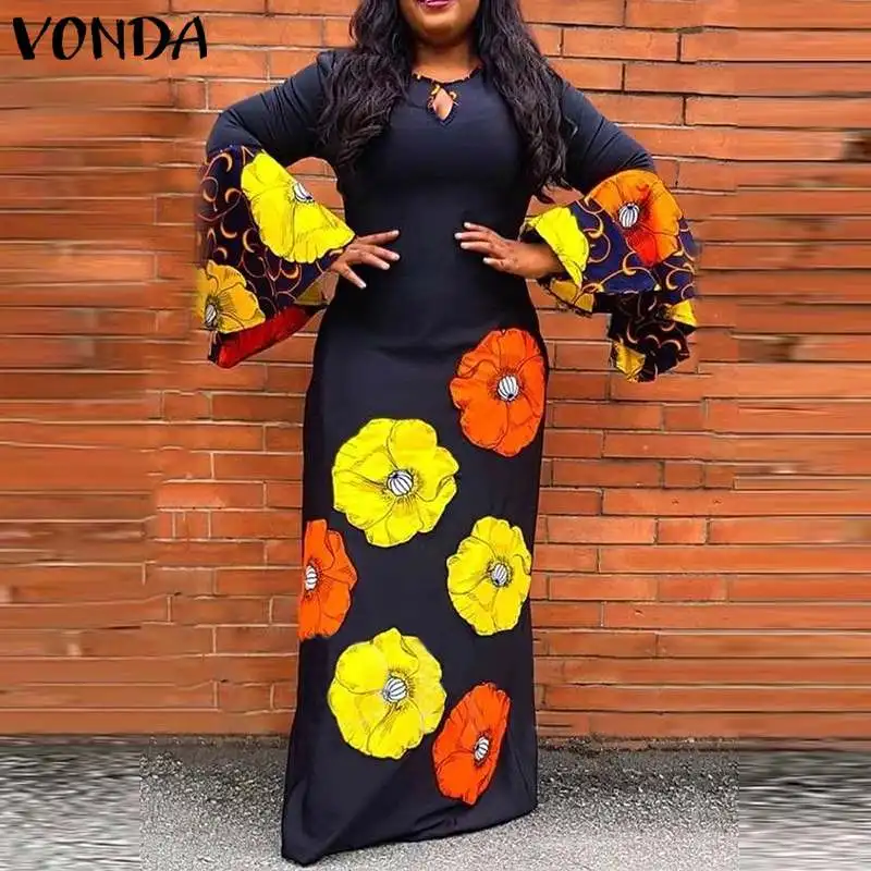 

Spring Round Neck Long Maxi Dress VONDA Women Printed Flare Sleeve Pleated Baggy Vestidos Female Retro Robes Longue Oversized