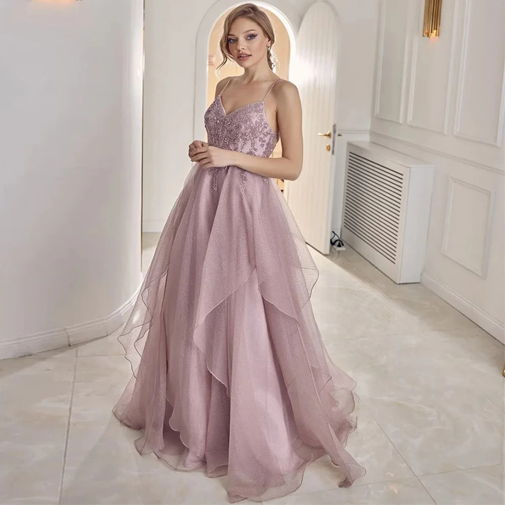 

Pink Spaghetti Strap Prom Gowns V Neck Floor Length A-Line Formal Party Dress Beading Open Back Custom Made Vestido De Noche