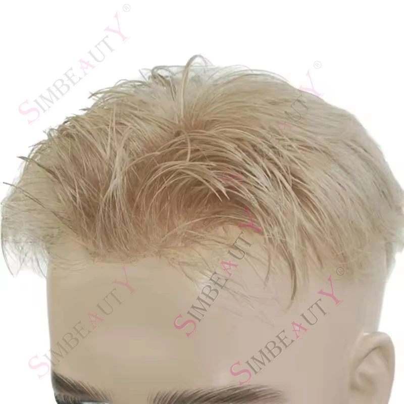 Фото Европейский мужской размер 22r # # Мужской парик-система замещения волос из натуральных светлых волос, 18% блонда, с невидимой линией роста волос и ультратонкой основой 0.02 мм №4