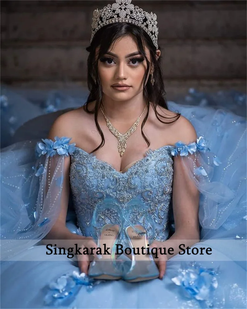 Шикарное бальное платье небесно-голубого цвета красивые платья 16 Quinceanera бусины 3D