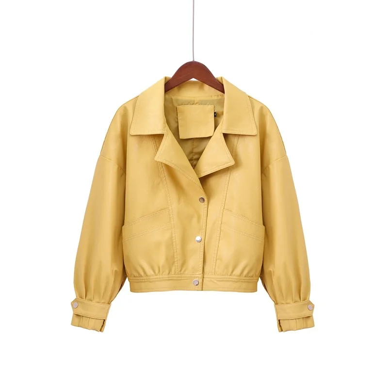 Lapel large pocket single breasted women's short loose version of fashion leather jacket Korean version of motorcycle suit coat