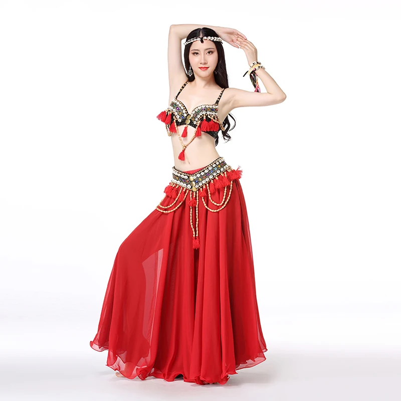 

Женский костюм для танца живота, красный танцевальный костюм для выступлений и выступлений на сцене